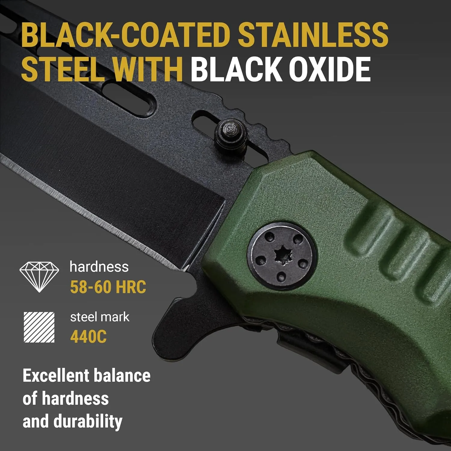 Spring Assisted Knife - Army Green Pocket Knives with Safety Lock - 3.42 Folding Blade with Aluminum Handle for Tactical Camping Survival and Outdoor - Birthday Gifts Idea for Men and Women 6681 A