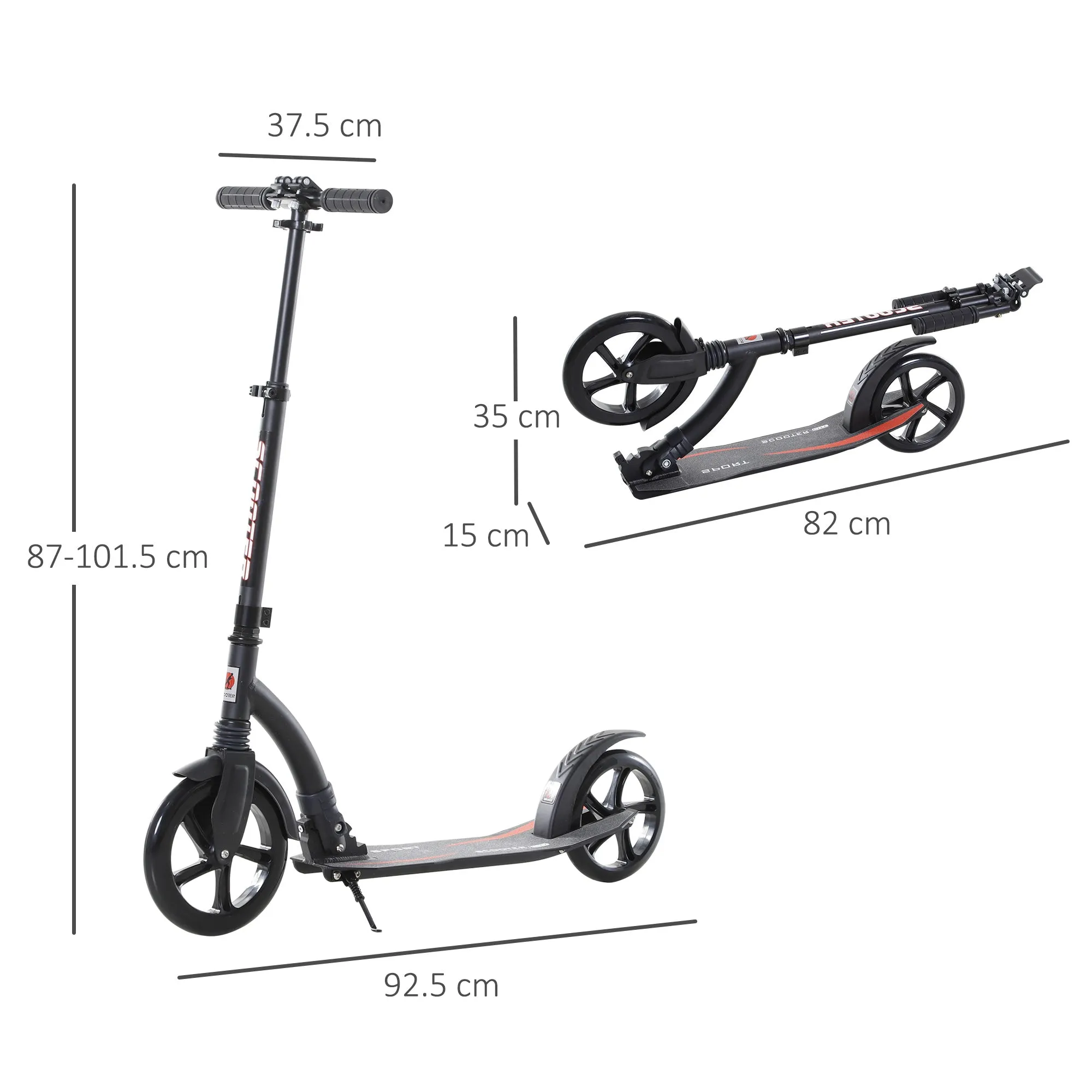 Teens Adult Kick Scooter w/ Shock Absorption Mechanism Foldable Adjustable Height Aluminium Frame Ride On Toy for 14  - Black