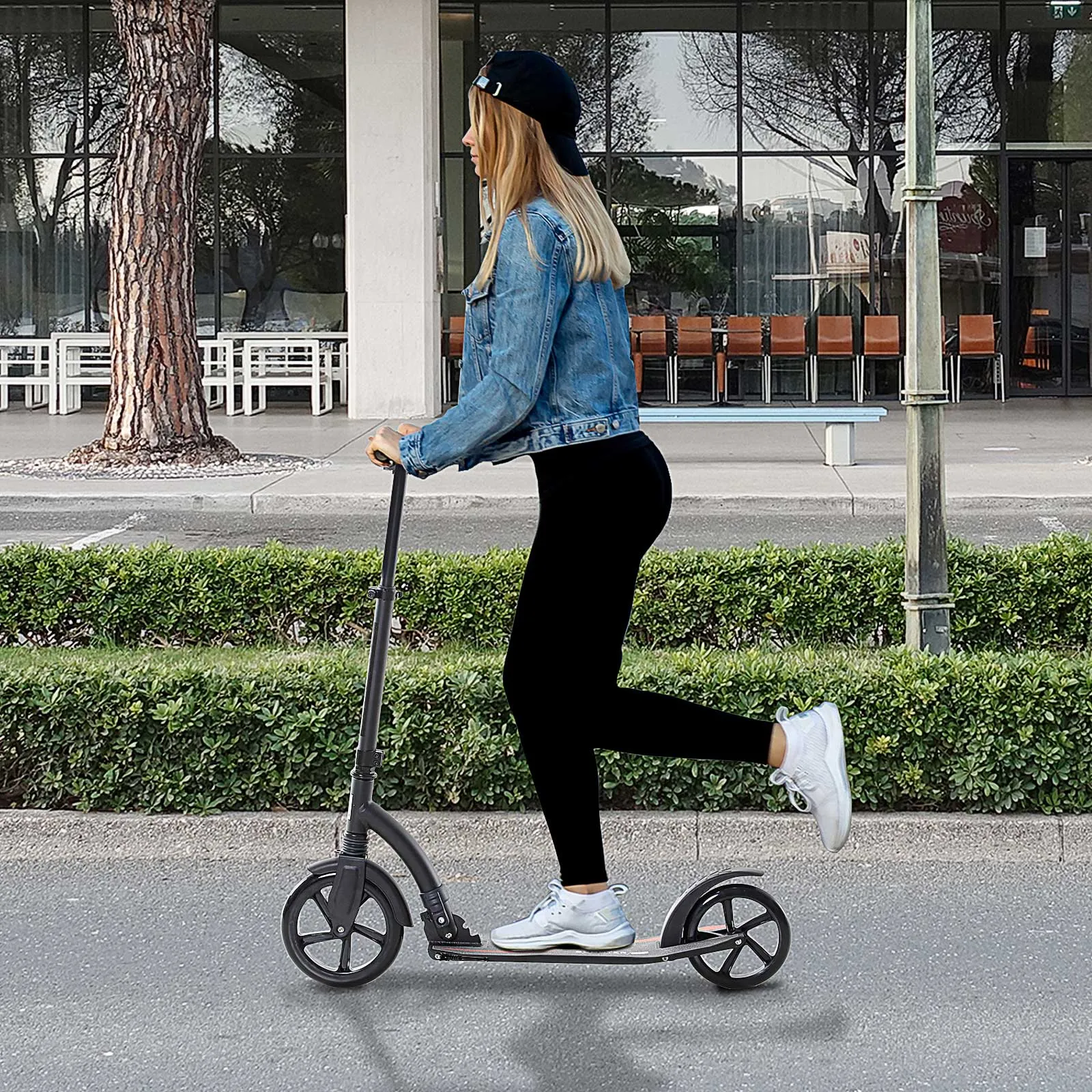 Teens Adult Kick Scooter w/ Shock Absorption Mechanism Foldable Adjustable Height Aluminium Frame Ride On Toy for 14  - Black