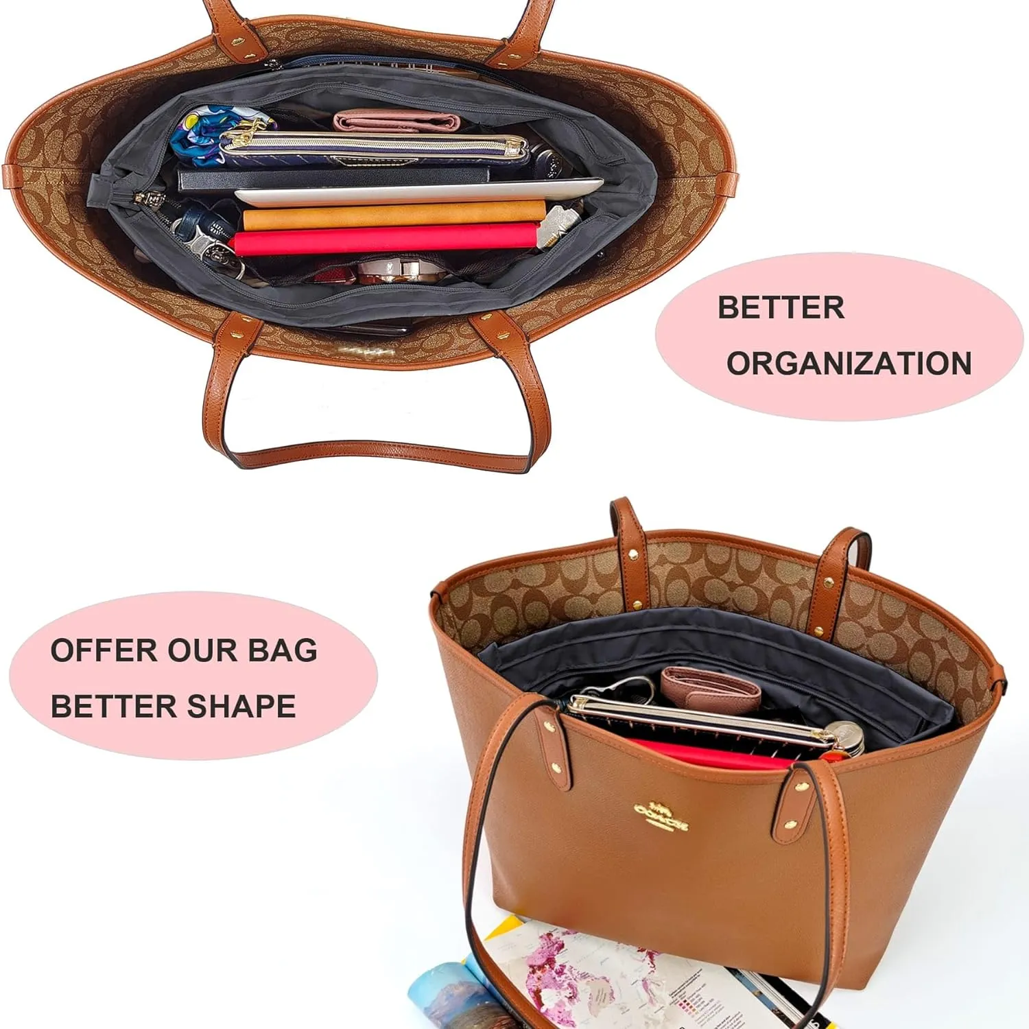 Time Wing Handbag Tote Purse Organizer Insert Bag Liner Shaper Divider Zipper 11 Pockets Compartments X Large Dark Grey