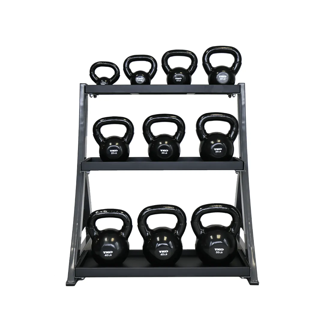 TKO 5-50 lb Vinyl Kettlebell Set w/ 3 Tier Rack S856-KBV5-50